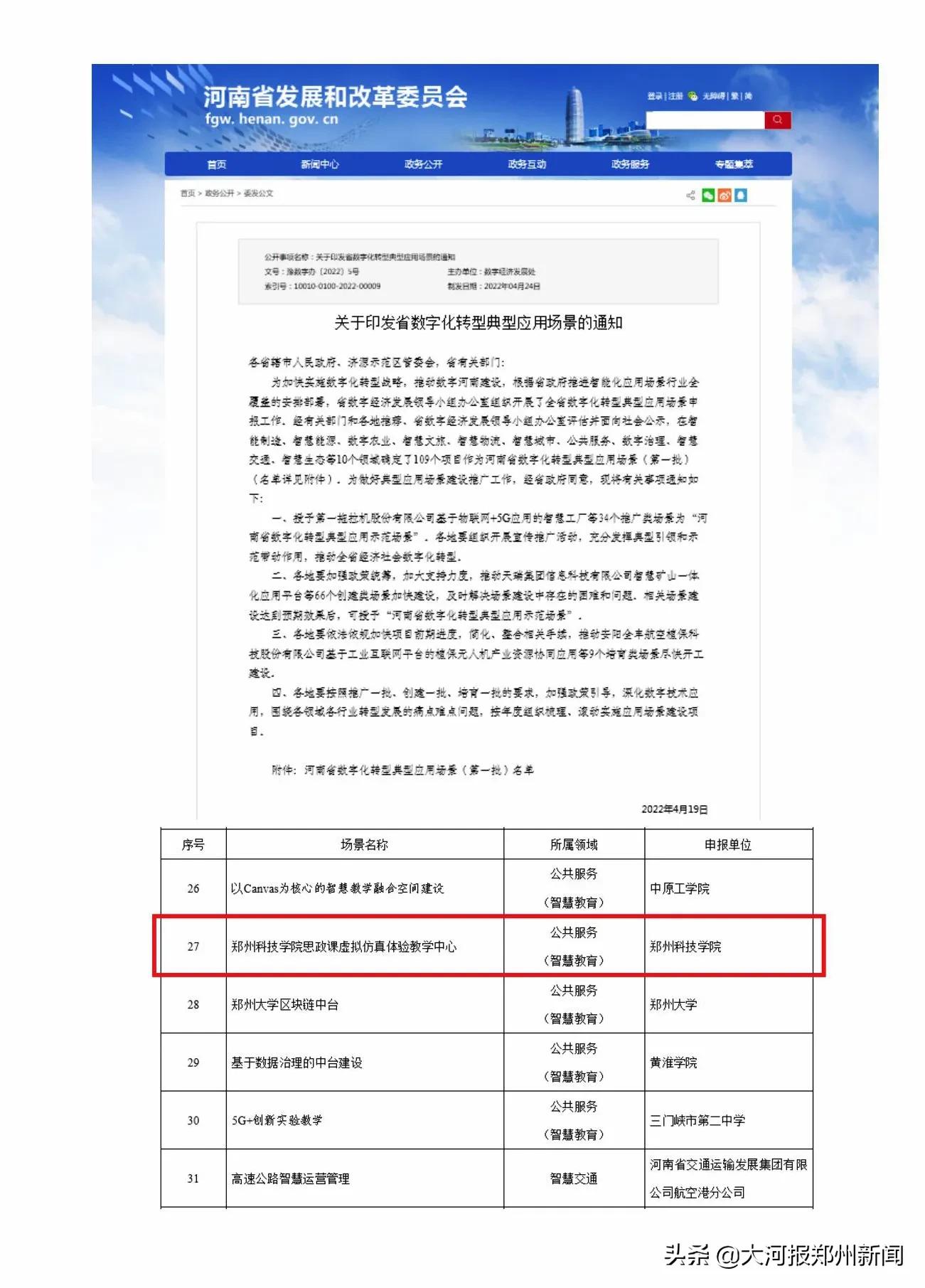 全省首批！郑州科技学院获批“河南省数字化转型典型应用示范场景”